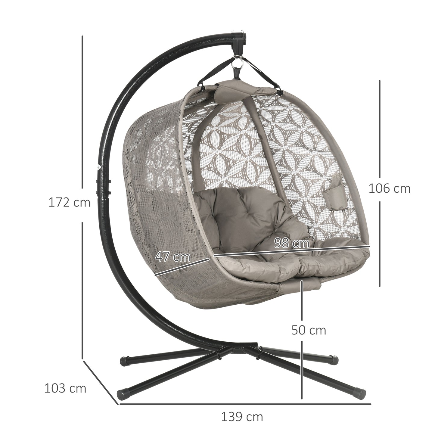 Outsunny Outdoor Double Hanging Chair, Swing Chair with Metal Stand, Thick Padded Cushion, Foldable Basket and Cup Holders, for Indoor and Outdoor, Sand Brown