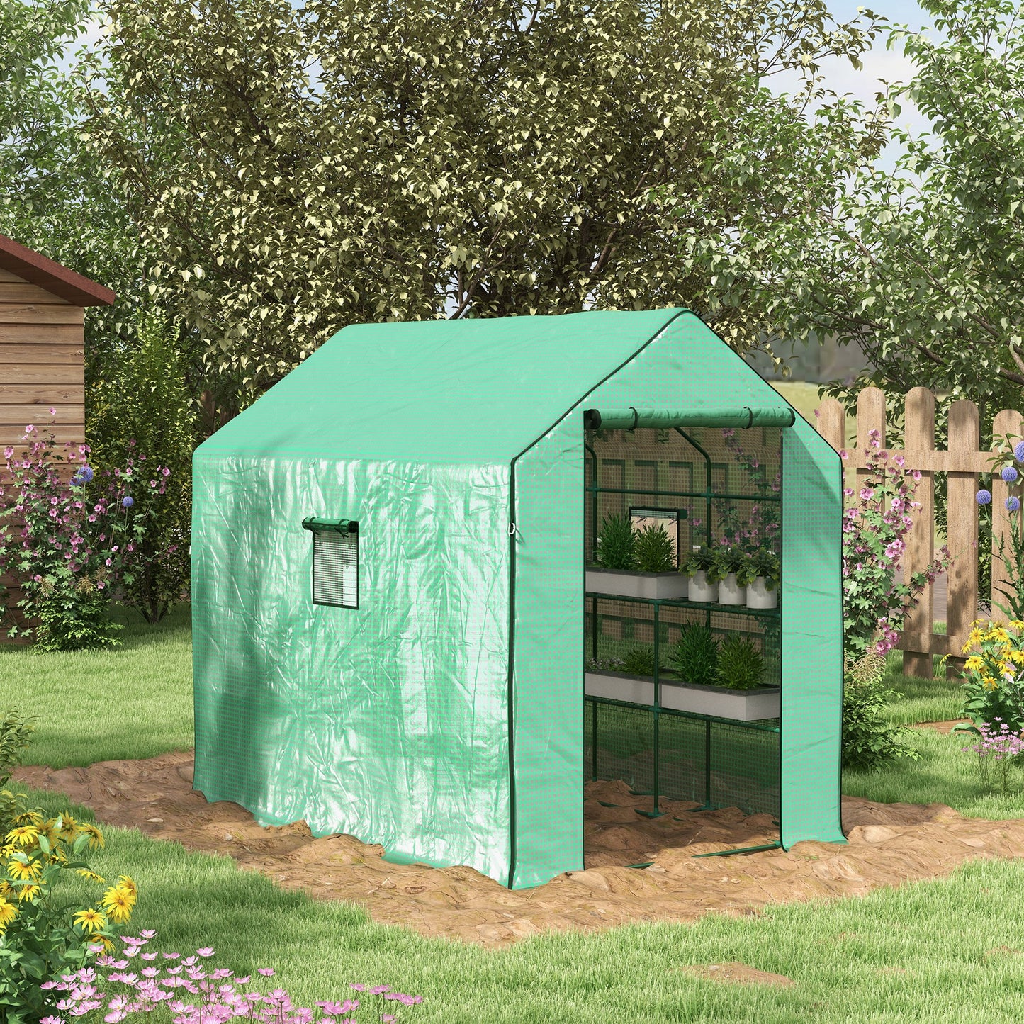 Outsunny Walkin Greenhouse with 3 Tier Shelves Outdoor Green House Garden Grow House with Reinforced PE Cover Rollup Door and Mesh Windows 140 x 213 x 190cm Green