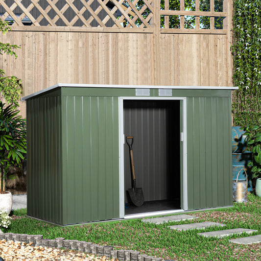 Outsunny 9ft x 4.25ft Corrugated Garden Metal Storage Shed Outdoor Equipment Tool Box with Foundation Ventilation & Doors Light Green