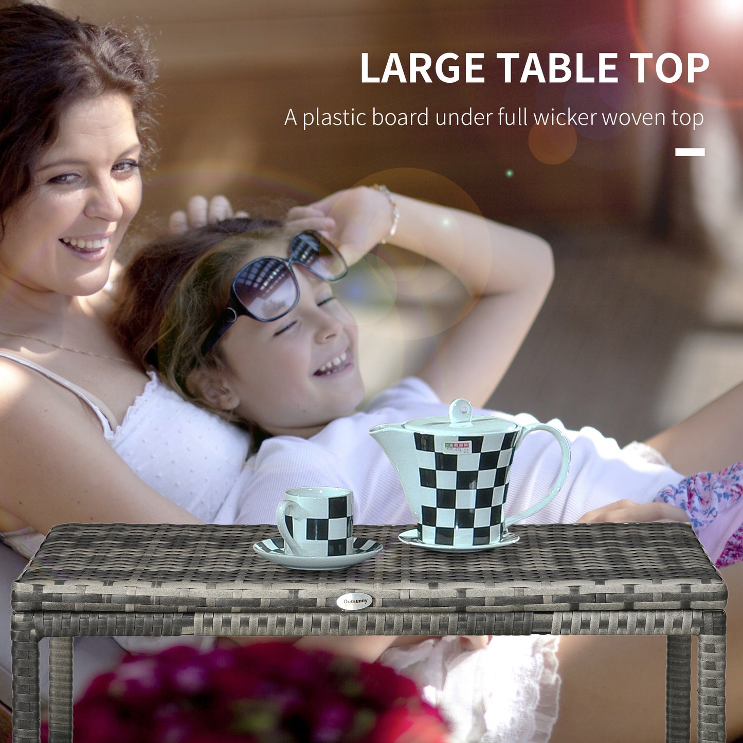 Outsunny Outdoor Coffee Table, Garden PE Rattan Side Table with Plastic Board Under the Full Woven Table Top and X-Shape Support for Patio, Balcony, Mixed Grey