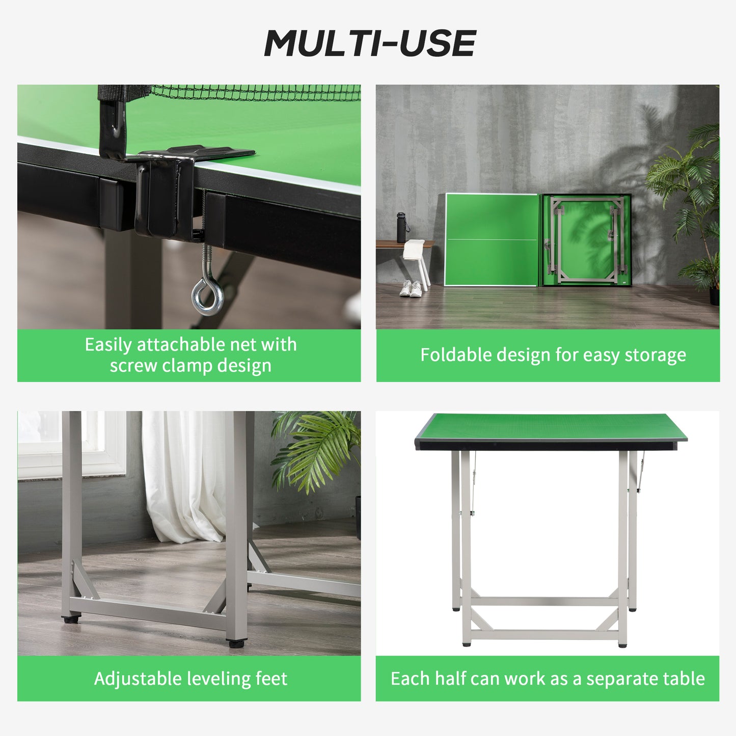 HOMCOM 182cm Mini Tennis Table Folding Ping Pong Table with Net Multi-Use Table for Indoor Outdoor Game, Green