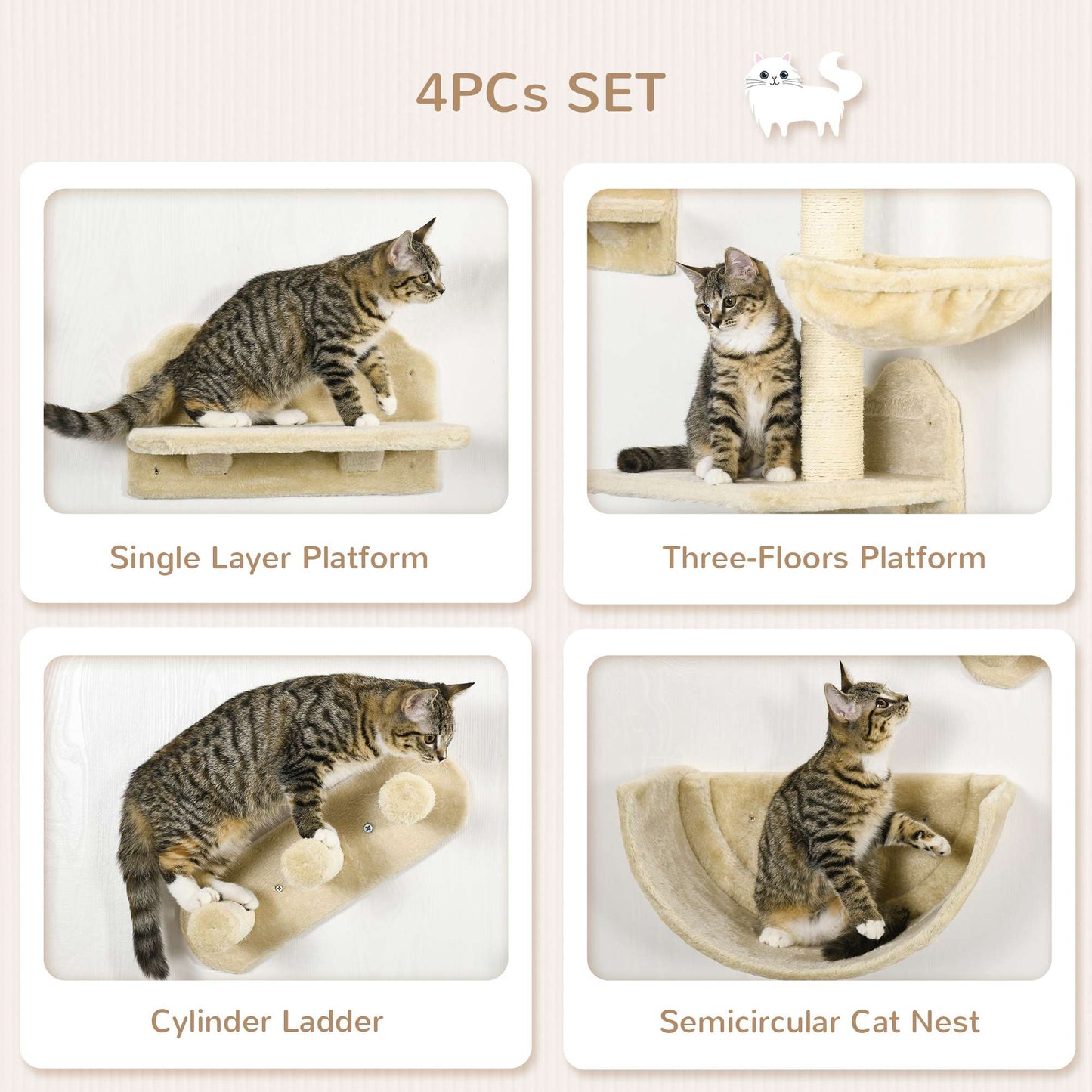 PawHut 4PCs Wall-mounted Cats Shelves, Cat Climbing Shelf Set, Kitten Activity Center, Beige