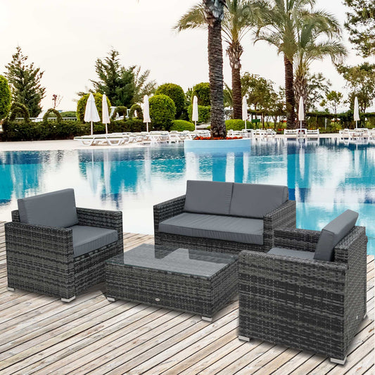 Outsunny 4-Seater Rattan Sofa Set Wicker Steel Garden Rattan Furniture Patio Grey 4PC Outdoor Coffee Table