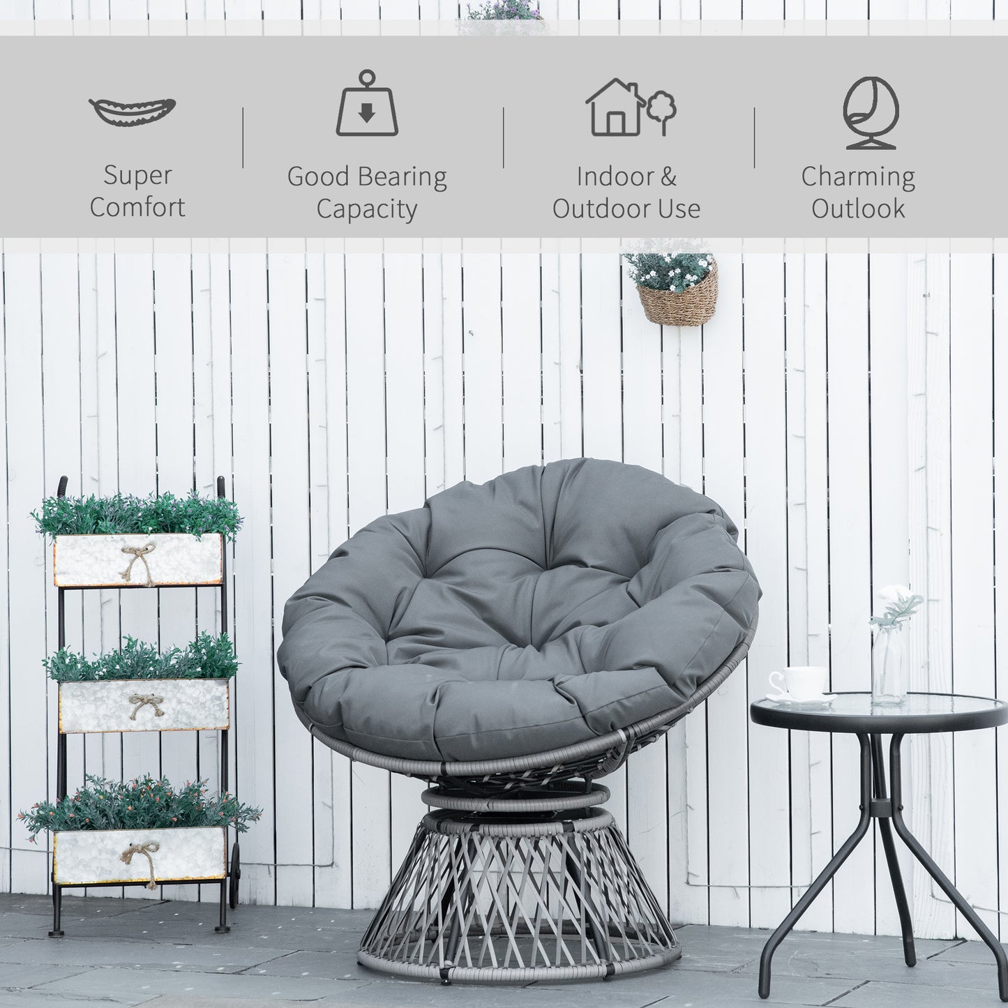 Outsunny 360° Swivel Rattan Papasan Moon Bowl Chair Round Lounge Garden Wicker Basket Seat with Padded Cushion Oversized for Outdoor Indoor, Grey