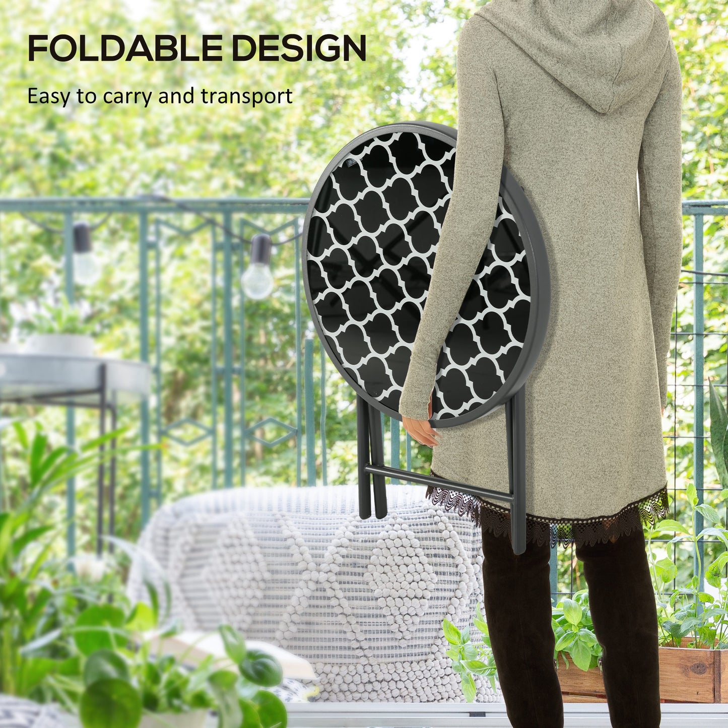 Outsunny Φ45cm Outdoor Side Table Round Folding Patio Table with Imitation Marble Glass Top Small Coffee Table Black
