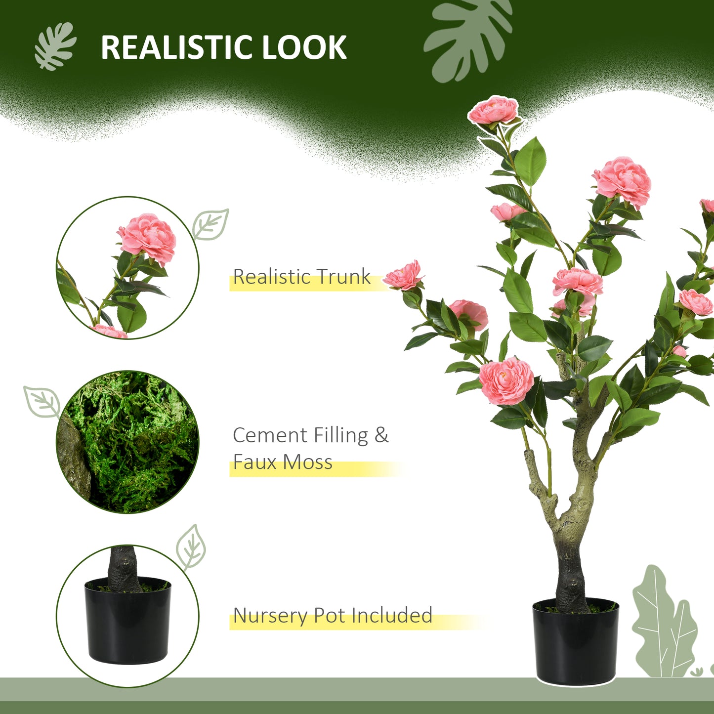 HOMCOM Artificial Plant Camellia Flower in Pot Fake Plant for Indoor Outdoor 95cm Pink