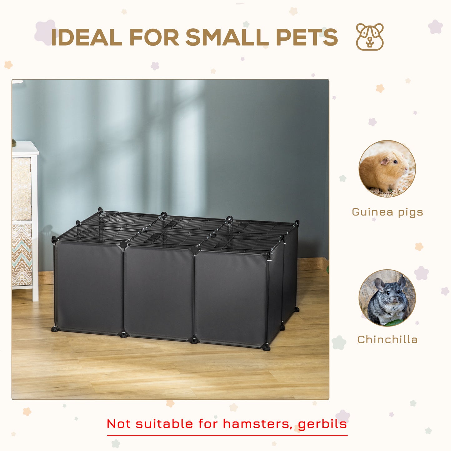 PawHut Pet Playpen with Door, Guinea Pigs Metal Mesh Cage, Customizable Fence for Small Animal, Chinchilla, for Indoor and Outdoor Use, with Mallet, 105 x 70 x 45 CM, Grey Cage