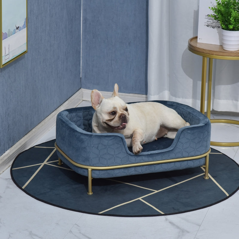 PawHut Pet Sofa Couch, Dog Bed, Cat Lounger, with Metal Base Removable Cushion Modern Furniture for Small Dogs, 63.5 x 43 x 24.5cm, Blue