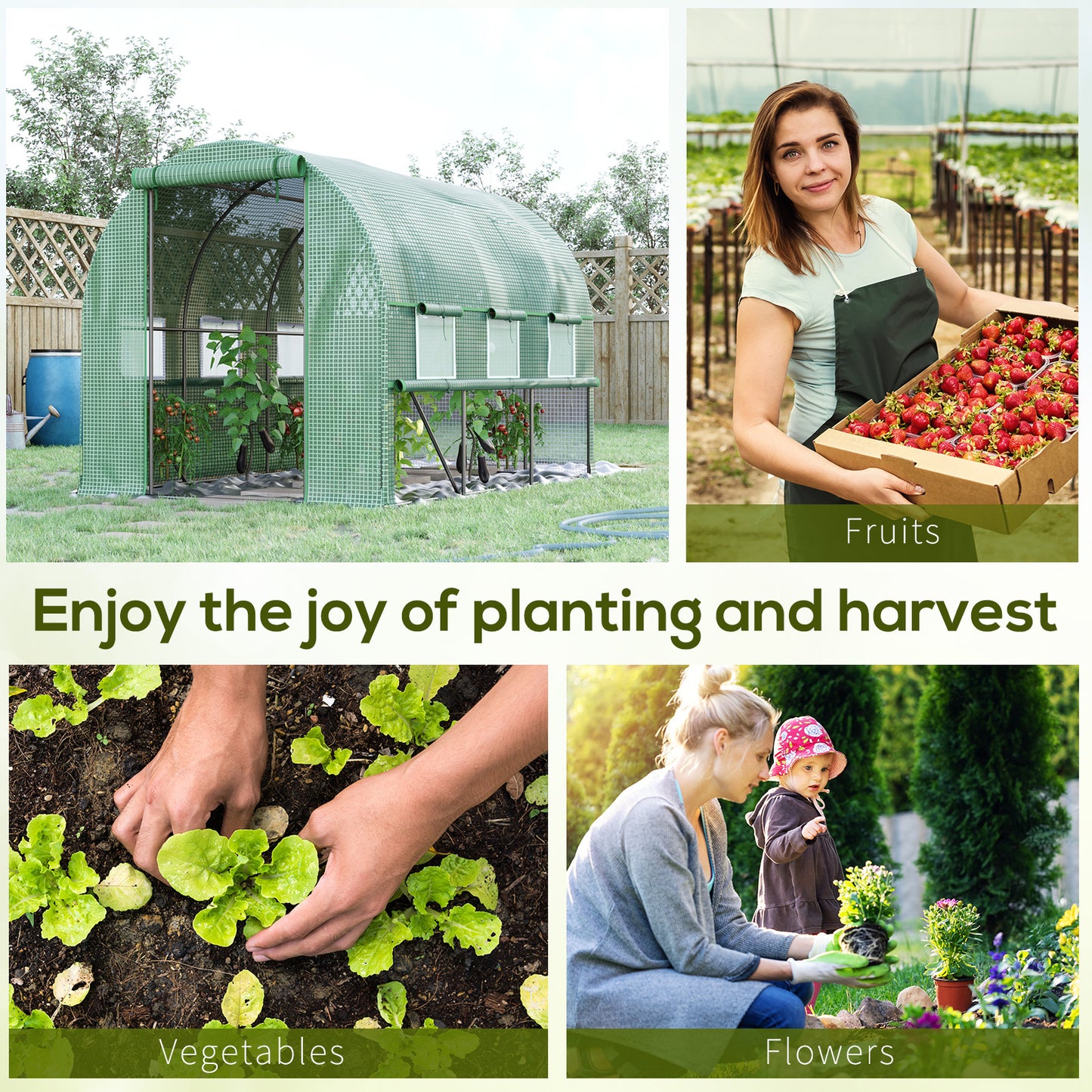 Outsunny Walk In Greenhouse Garden Polytunnel with PE Cover Zipped Roll Up Door and 6 Mesh Windows 3x2x2m Green