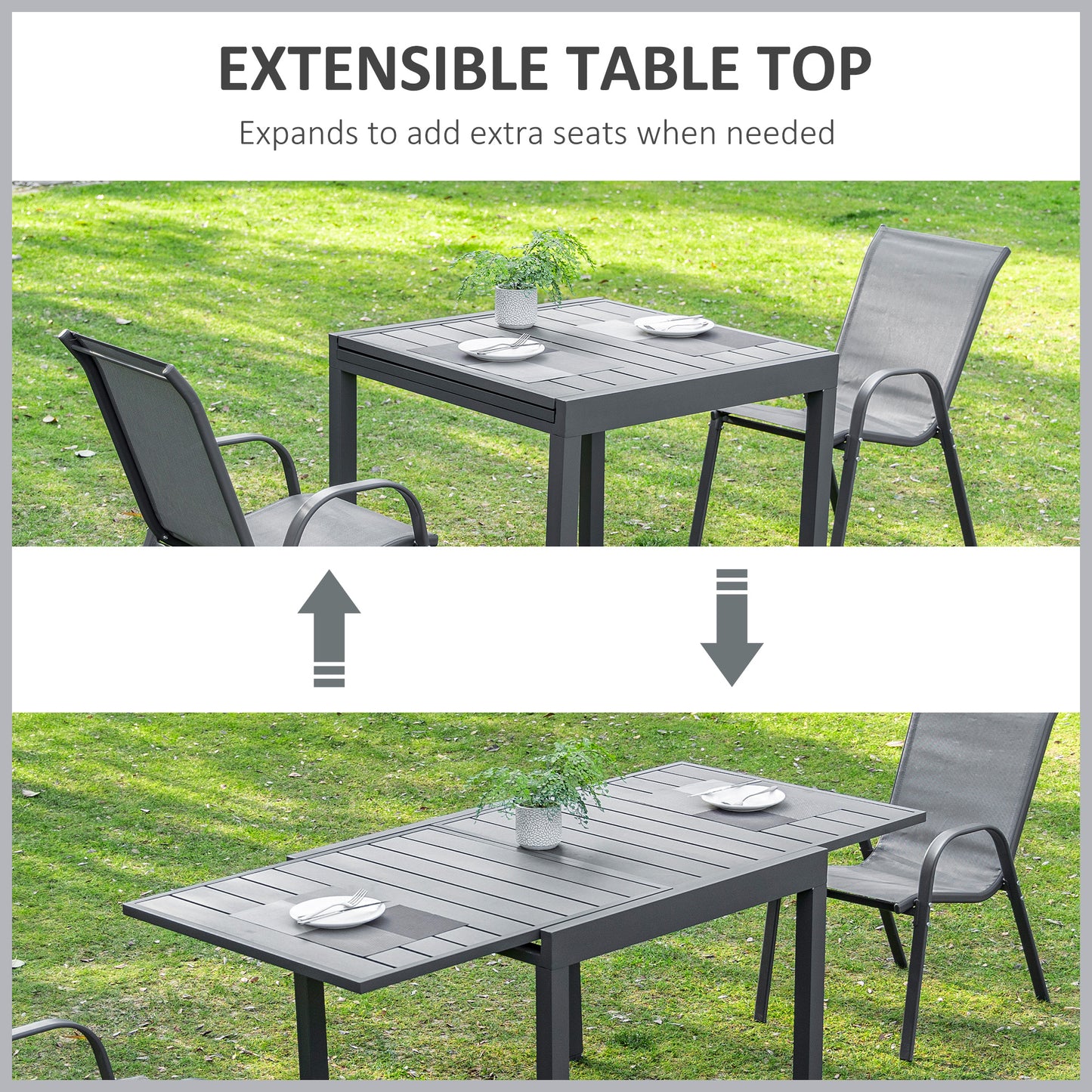 Outsunny Expandable Dining Table Metal Outdoor Slat Table for 4-6 Person Rectangular Lawn Garden Bistro Patio Table with Aluminum Frame, Grey
