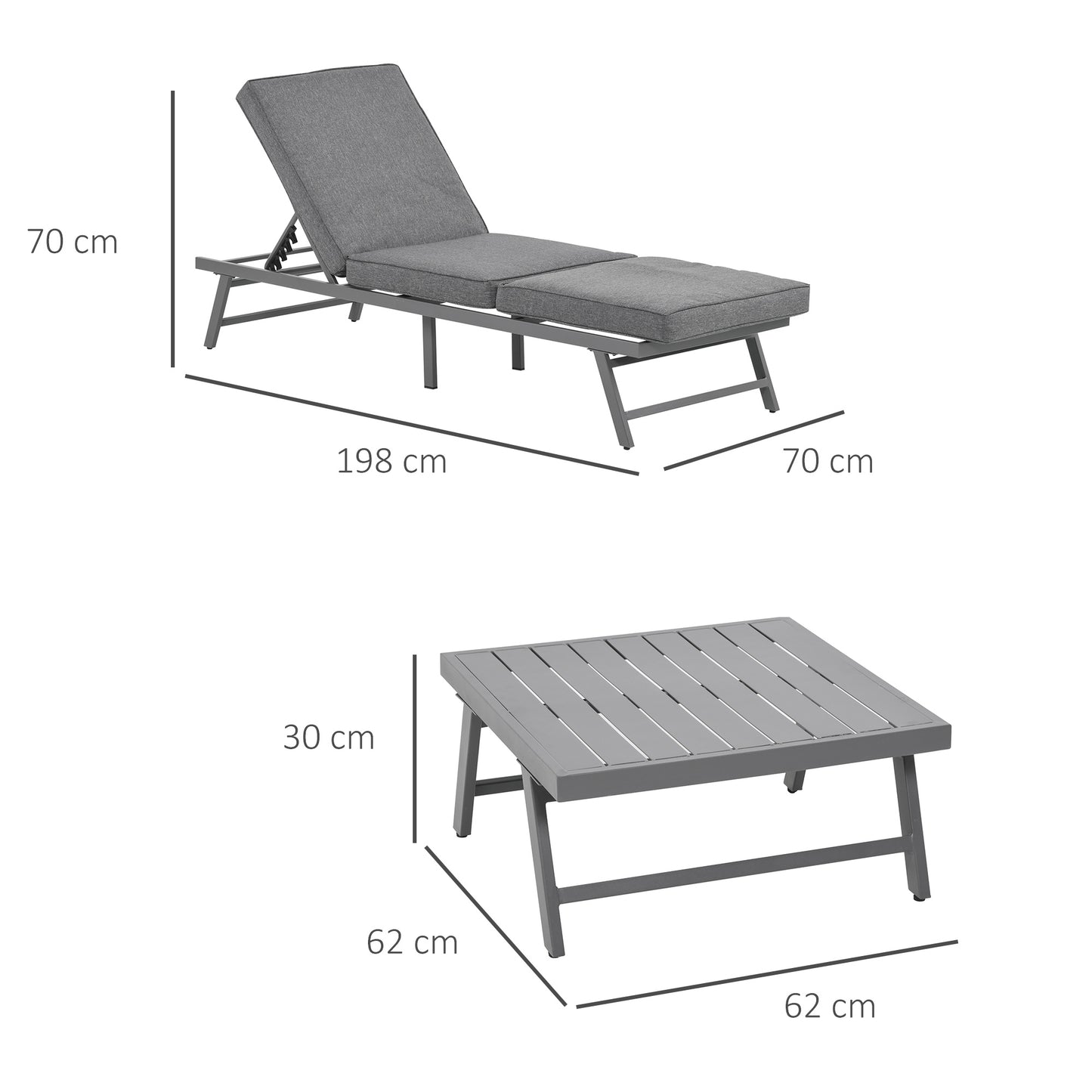 Outsunny 3 Pcs Garden Seating Set w/ Convertible Sofa Lounge Table Padded Cushions Outdoor Patio Furniture Couch Grey Coffee