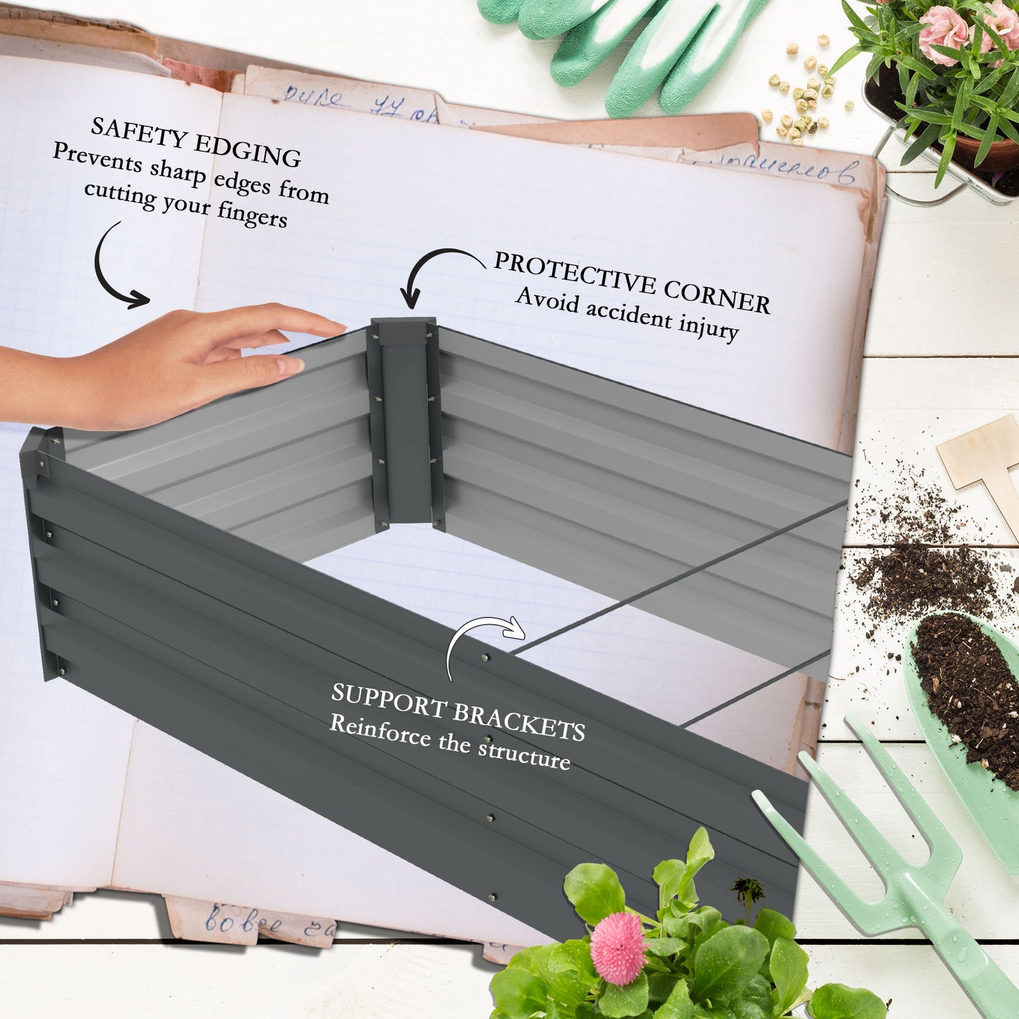 Outsunny Galvanised Raised Bed for Garden, Rectangular Outdoor Elevated Planter Box with Safety Edging and Open Bottom for Growing Flowers, Herbs and Vegetables, 240 x 60cm, Grey