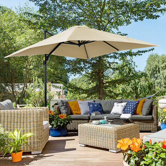 Outsunny 2.5 x 2.5m Patio Offset Parasol Umbrella Cantilever Hanging Aluminium Sun Shade Canopy Shelter 360° Rotation with Crank Handle and Cross Base, Cream White
