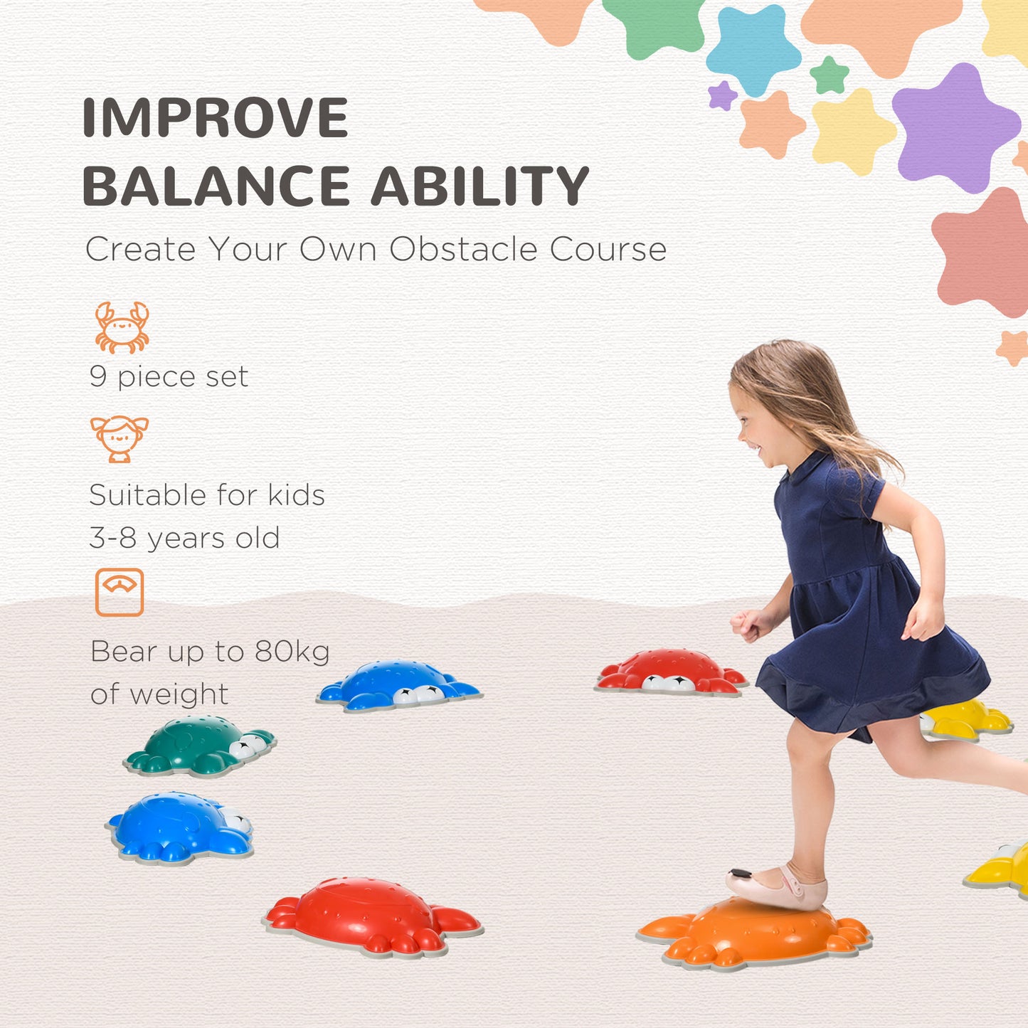 ZONEKIZ 9PCs Kids Stepping Stones with TPE AntiSlip Edge CrabDesigned Balance River Stones Obstacle Courses Stackable