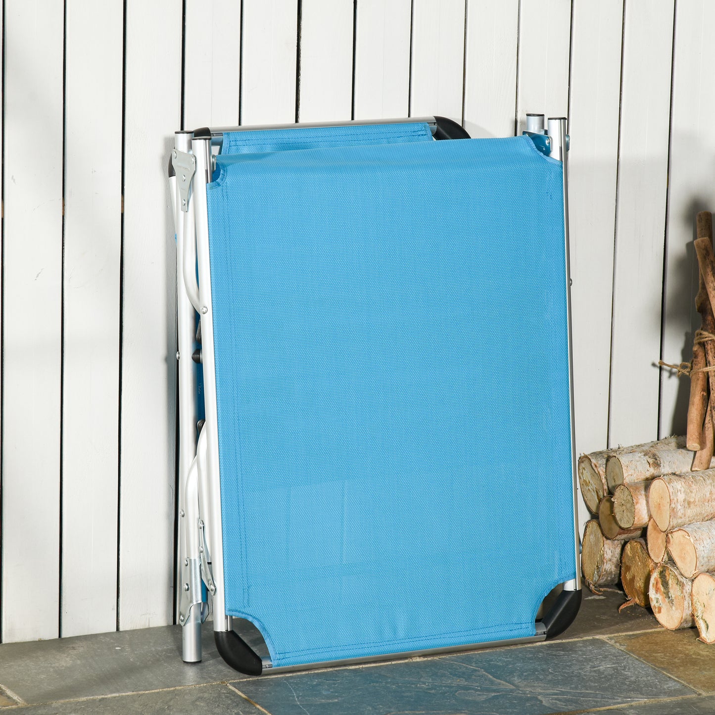 Outsunny Folding Outdoor Reclining Sun Lounger Chair w/ Pillow Aluminium Frame Foot Pads Camping Garden Adventure Bed Cot Blue