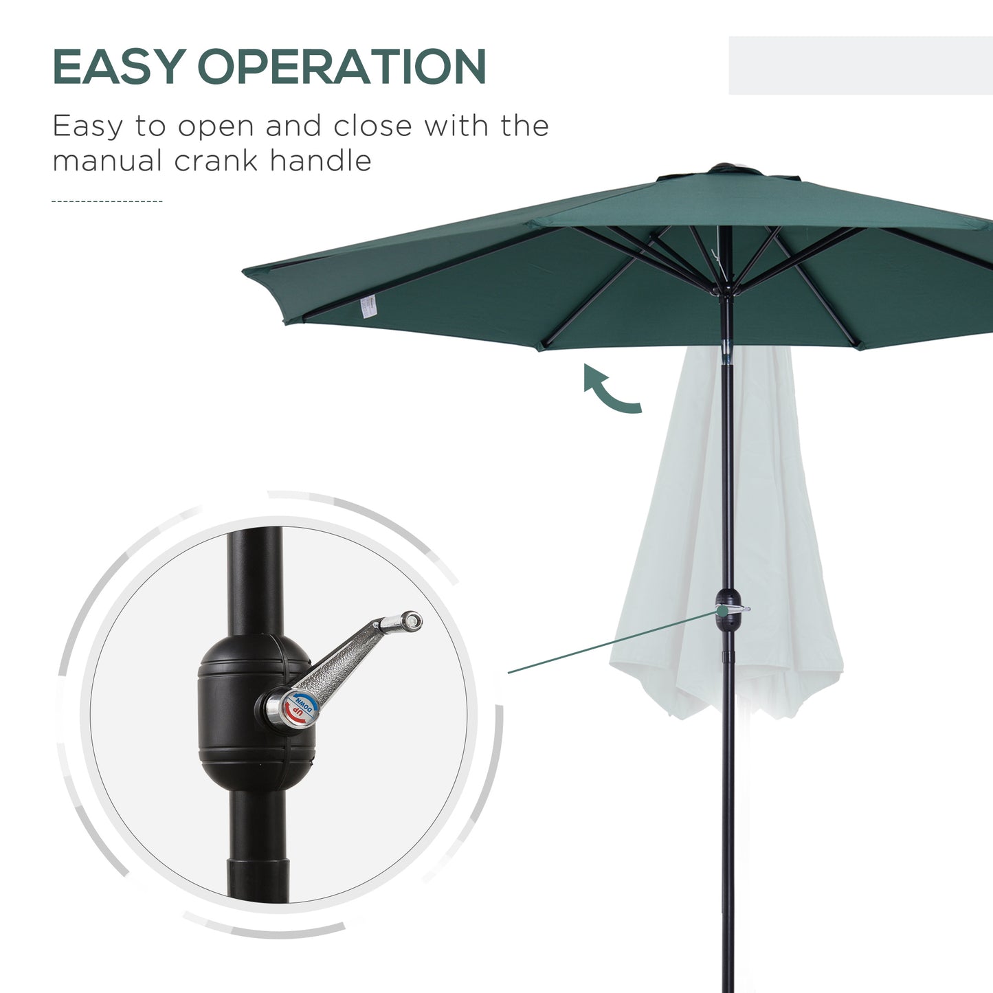 Outsunny 3m Parasol Patio Umbrella, Outdoor Sun Shade with Tilt and Crank Handle for Balcony, Bench, Garden, Green Sunshade Canopy