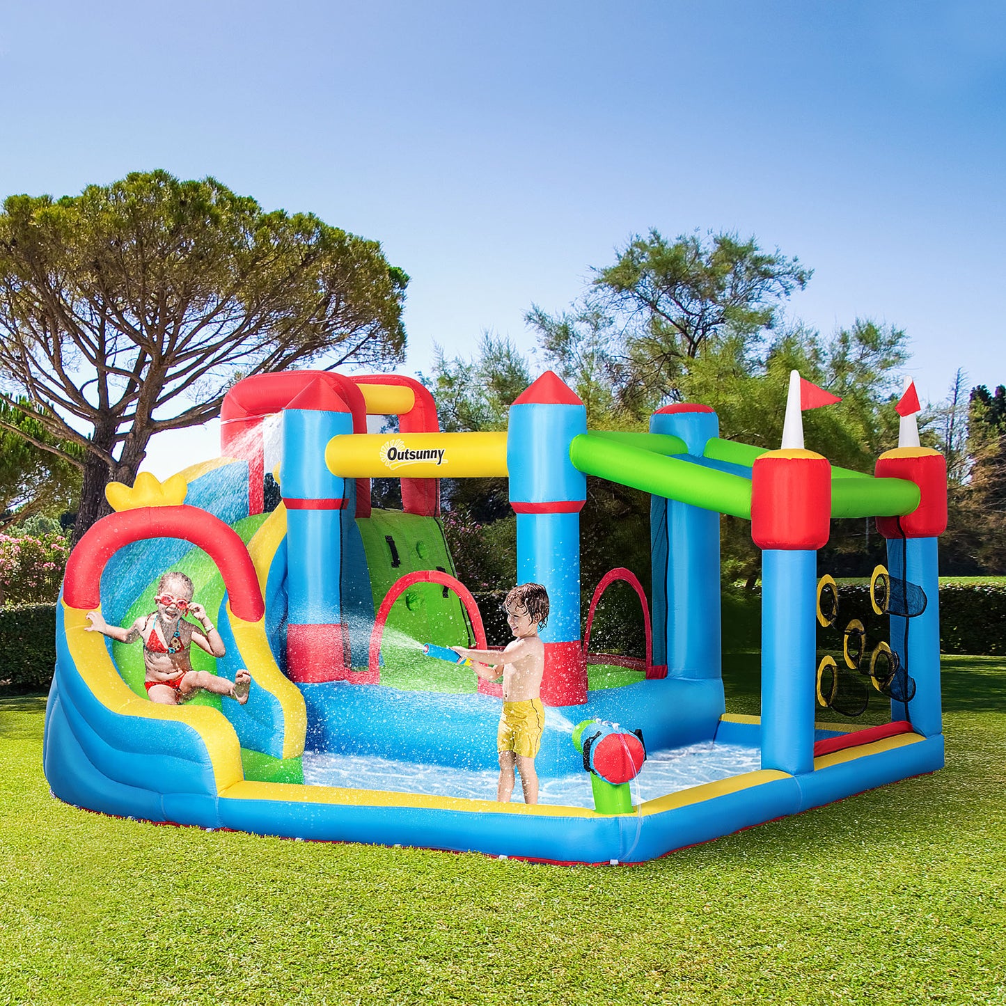 Outsunny 5 in 1 Kids Bounce Castle Large Castle Style Inflatable House Slide Trampoline Pool Water Gun Climbing Wall