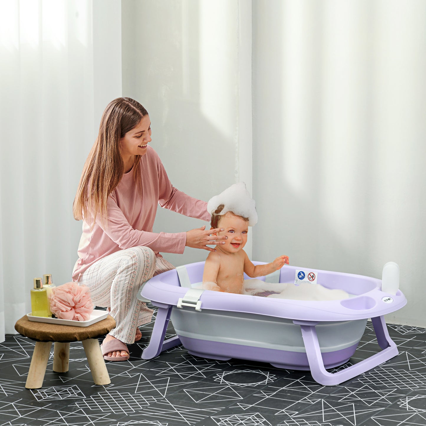 ZONEKIZ Foldable Baby Bathtub, W/ Non-Slip Support Legs, Cushion Pad, Shower Holder - Purple