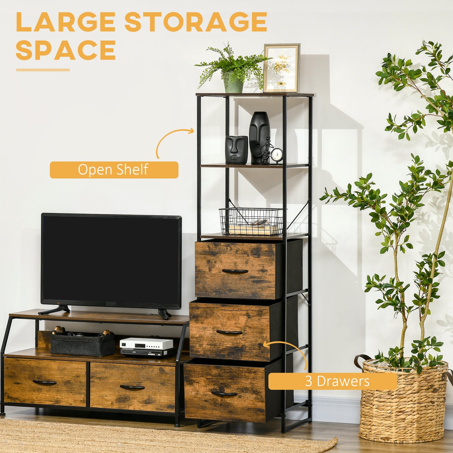 HOMCOM Industrial Storage Cabinet with 2 Open Shelves and 3 Foldable Fabric Drawers, Rustic Brown