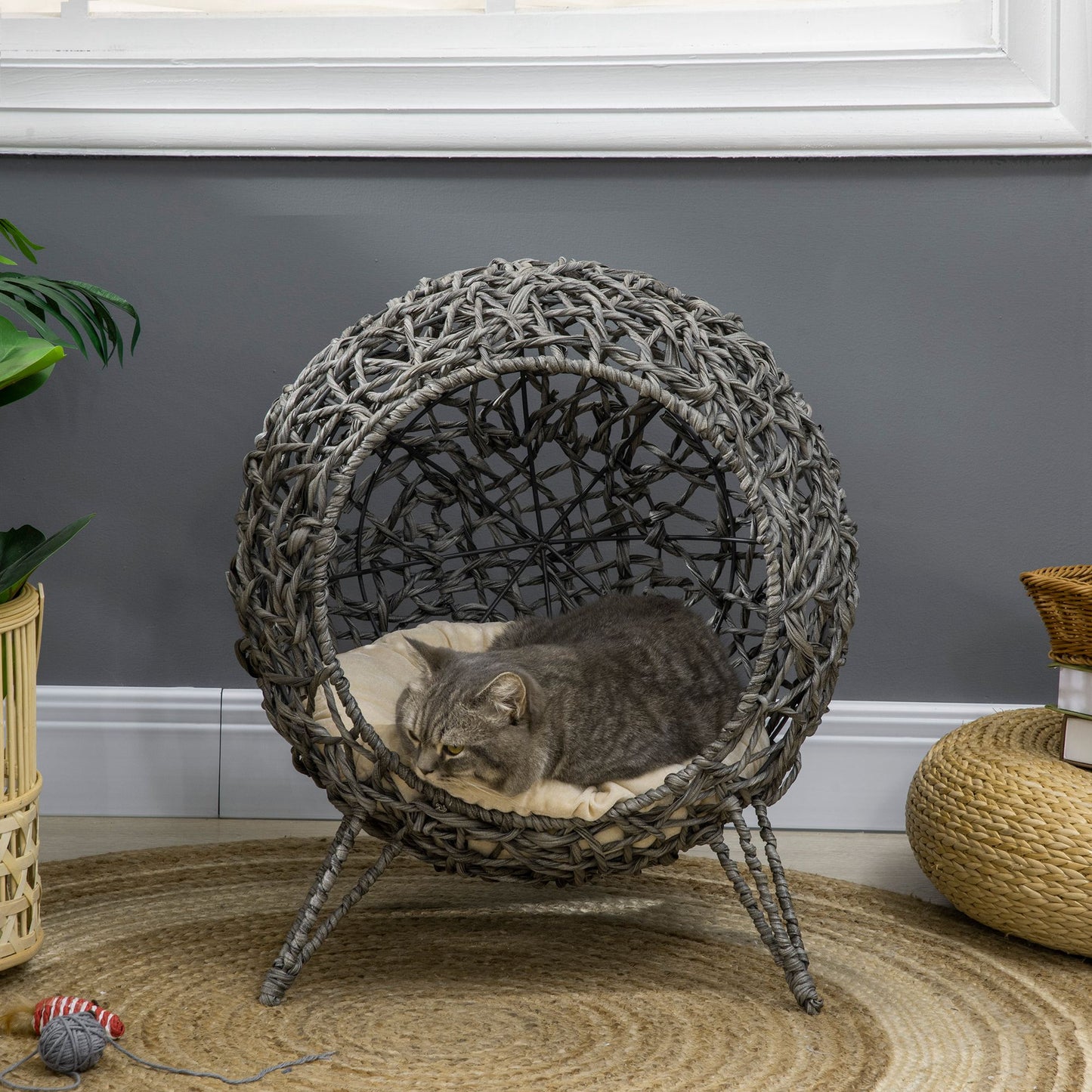 Pawhut Woven Rattan Elevated Cat Bed House Kitten Pussy Basket Ball Shaped Pet Furniture Silver Grey