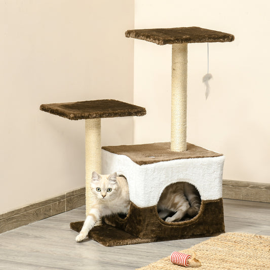 PawHut Cat Tree Tower Kitten House Scratching Posts with Condo Perch Interactive Mouse Toy, 45 x 33 x 70 cm, Brown