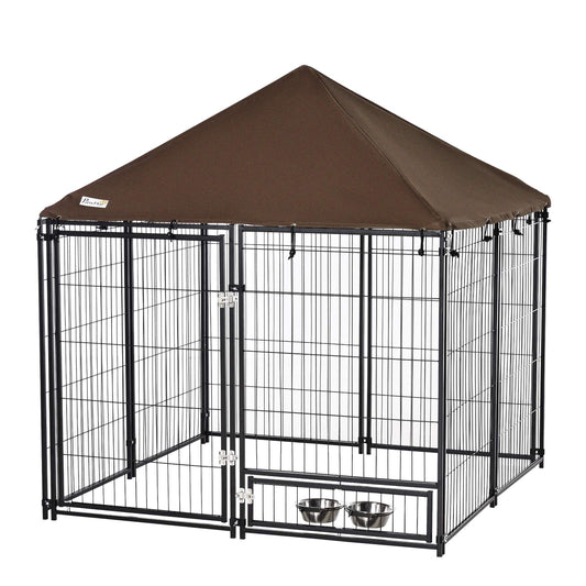 PawHut Outdoor Dog House Kennel with Water-resistant Roof Lockable Mesh Metal Cage Steel Fence, 141 x 141 x 121 cm Canopy Top & Secure Lock Rotating Bowl Holder