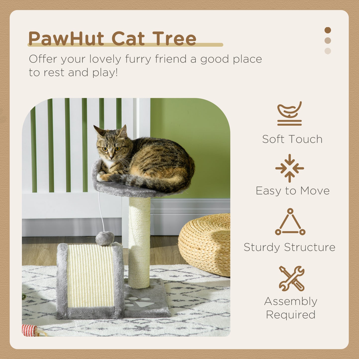 PawHut Cat Tree Scratching Scratcher Post Kitten Activity Centre Climber Hanging Ball Grey