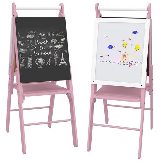 AIYAPLAY Kids Easel with Paper Roll 3 in 1 Art Easel for Toddlers Height Adjustable Double-Sided Kids Whiteboard Blackboard for Ages 3-6 Years - Pink