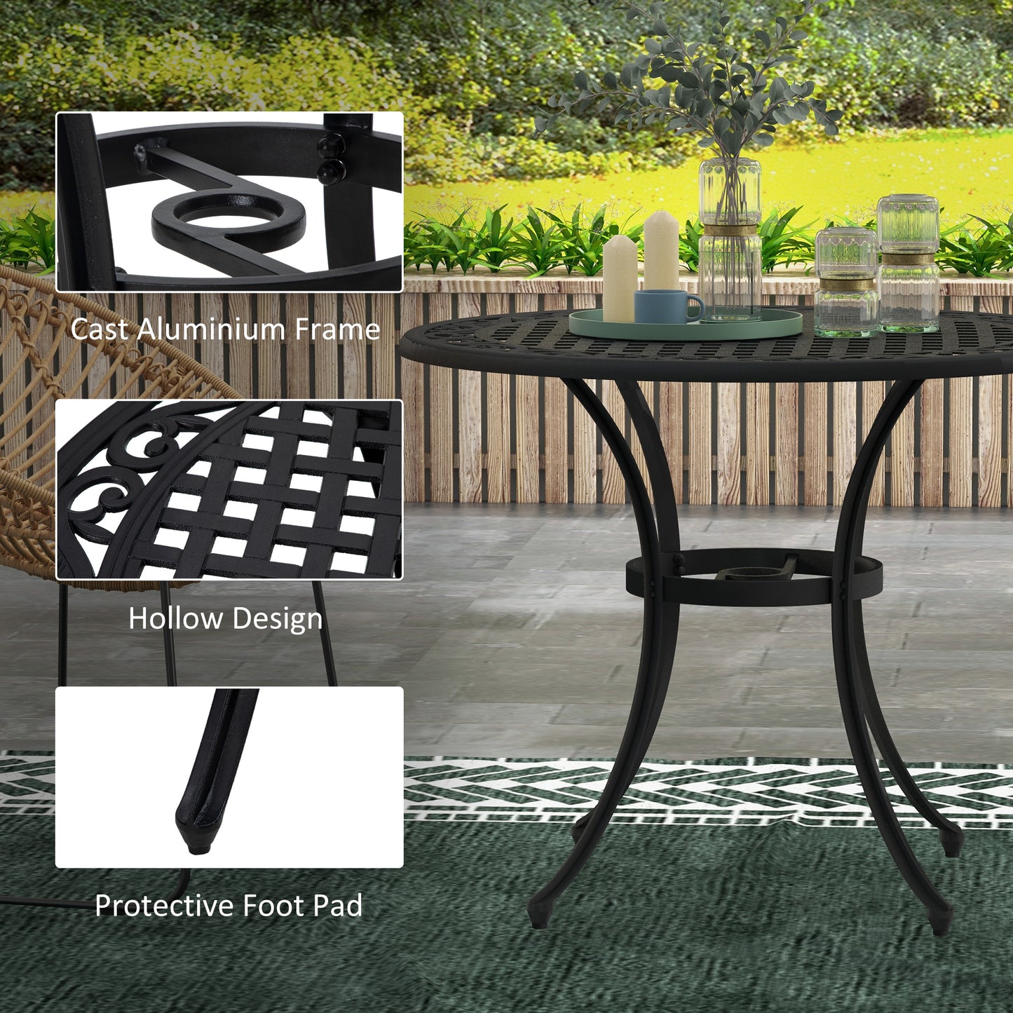 Outsunny Round Garden Table with Parasol Hole, 90cm Cast Aluminium Outdoor Dining Table for 2-4 for Balcony - Black