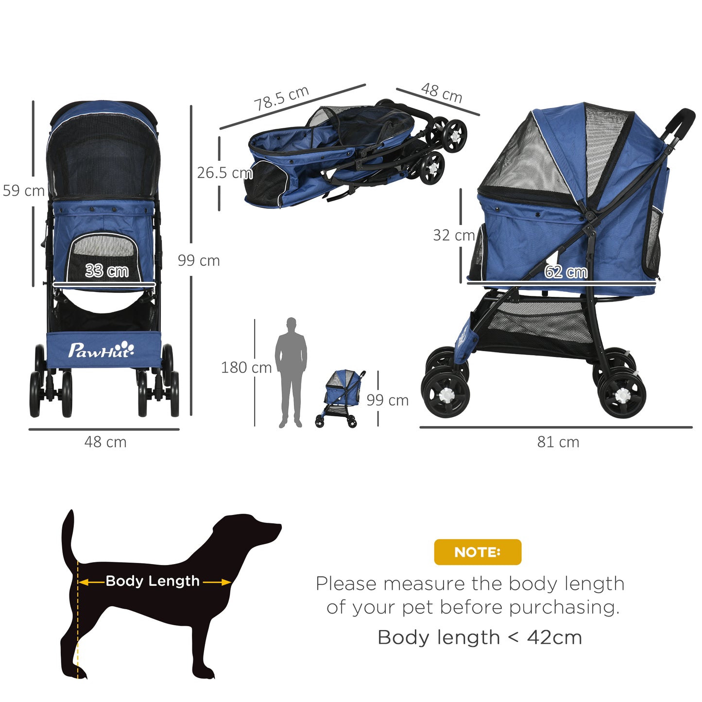 PawHut Pet Stroller, Dog Cat Travel Carriage, Foldable Carrying Bag with Large Carriage, Universal Wheels, Brake Canopy, Basket, Storage Bag, Dark Blue
