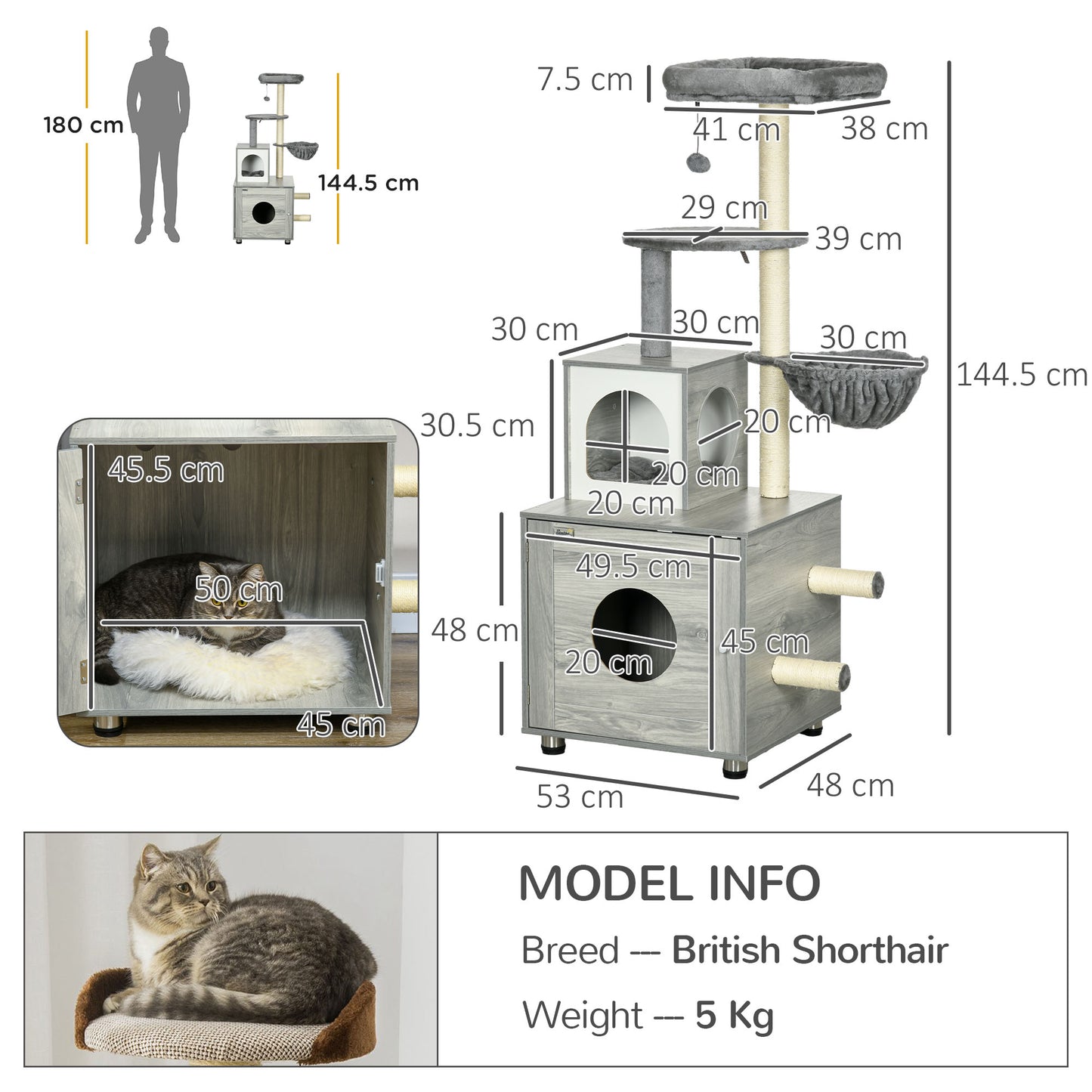 PawHut Enclosed Cat Litter Box with Cat House Cat Bed Scratching Posts Platforms for Indoor Cats Grey