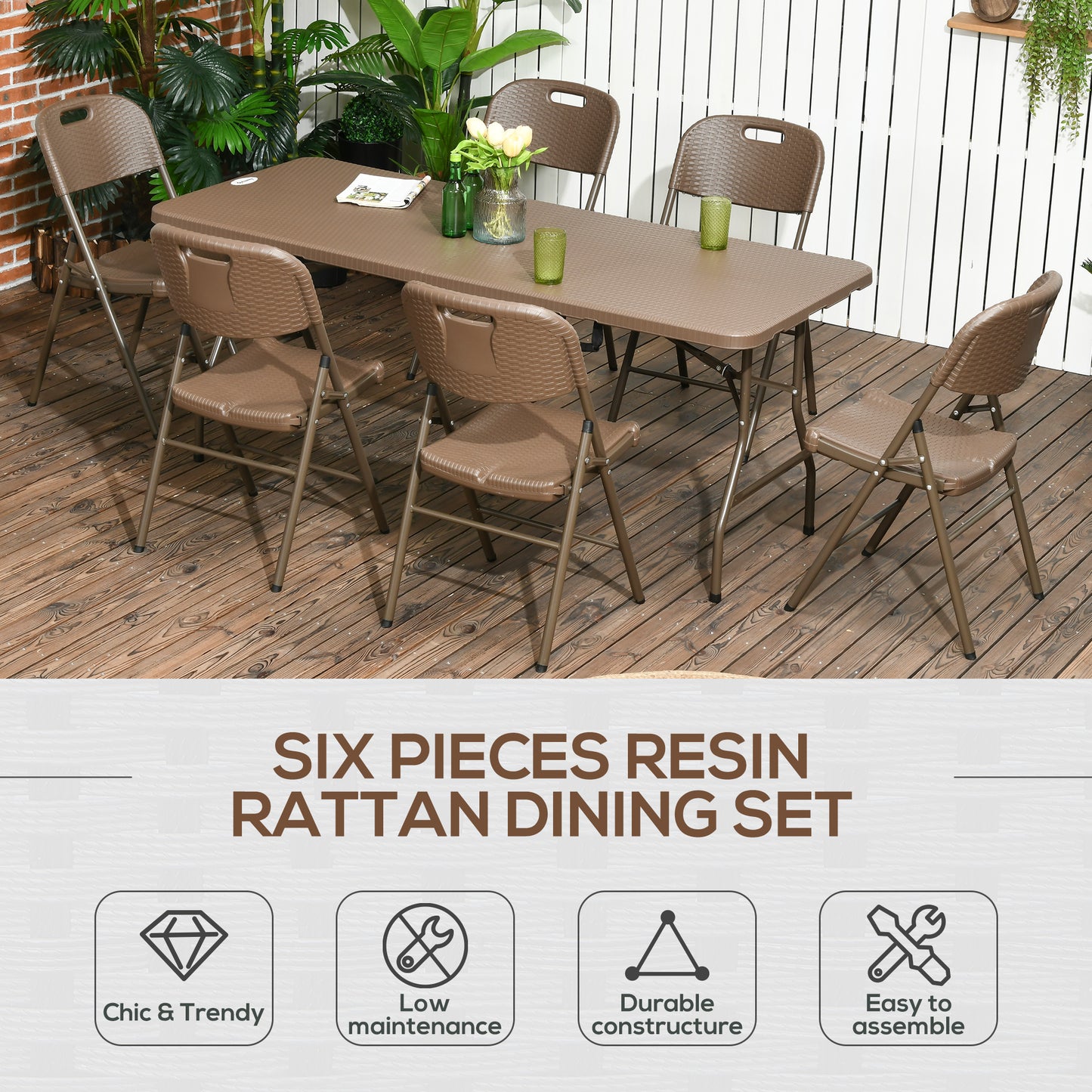 Outsunny Patio 7 PCs Resin Rattan Dining Set, Foldable Chairs and Table, with HDPE Molding Process, Portable, Space-saving for Indoor & Outdoor, Dark Brown