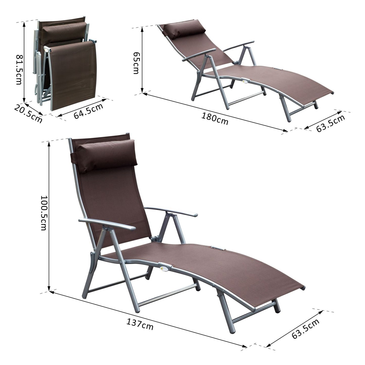 Outsunny Sun Lounger Steel Frame Outdoor Folding Chaise Texteline Lounge Chair Recliner with Headrest & 7 Levels Adjustable Backrest, Brown