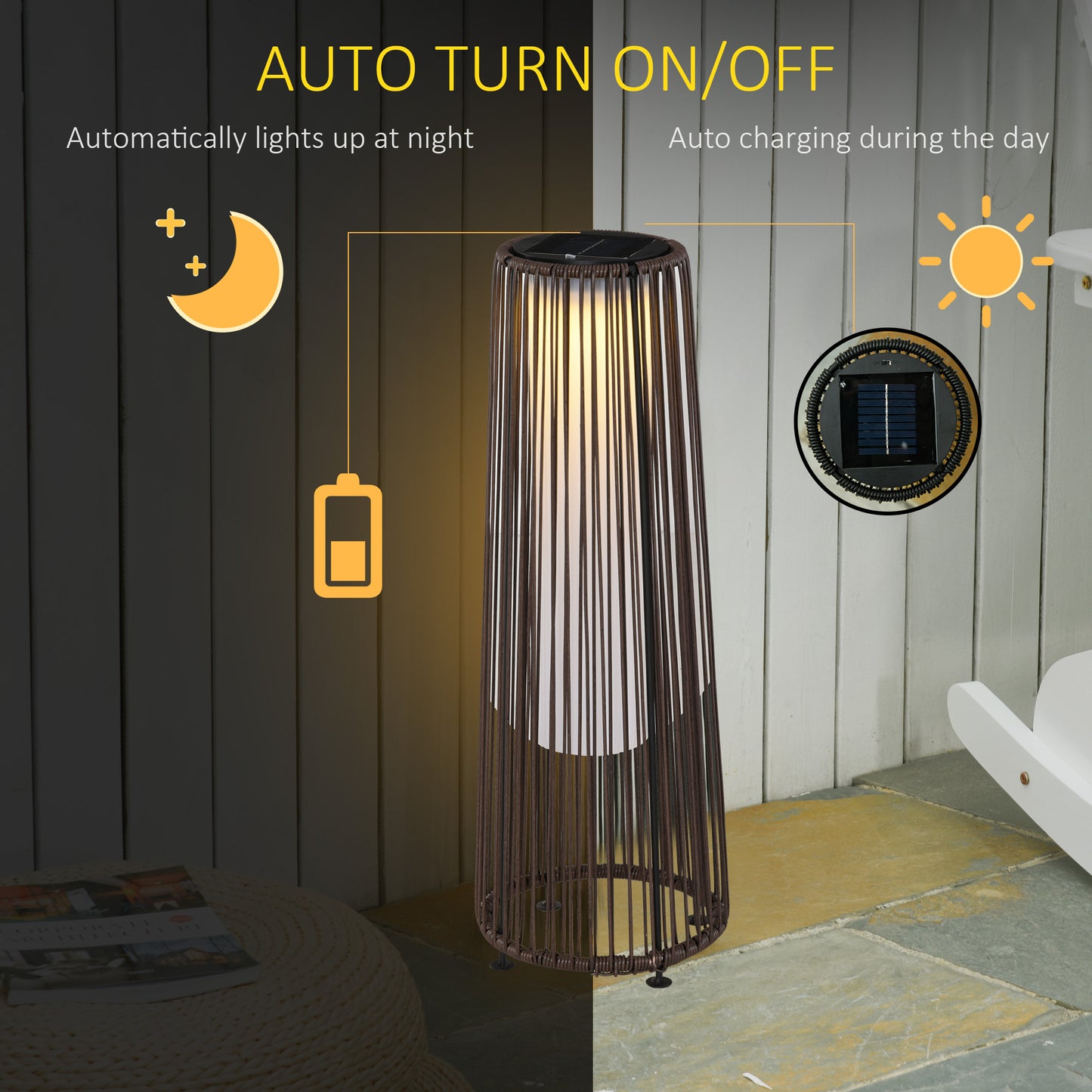 Outsunny Patio Garden Solar Lights Woven Resin Wicker Lantern Auto On/Off Solar Powered Lights for Porch, Yard, Lawn, Courtyard, Indoor & Outdoor Brown