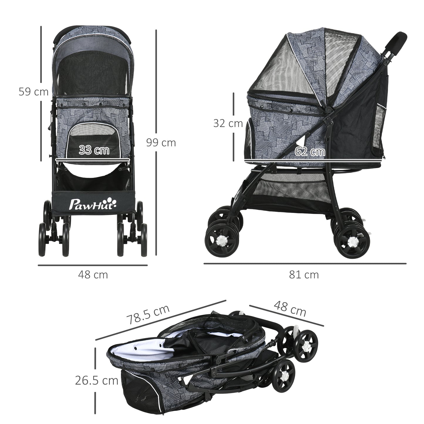 PawHut Pet Stroller, Dog Cat Travel Carriage, Foldable Carrying Bag with Large Carriage, Universal Wheels, Brake Canopy, Basket, Storage Bag, Grey