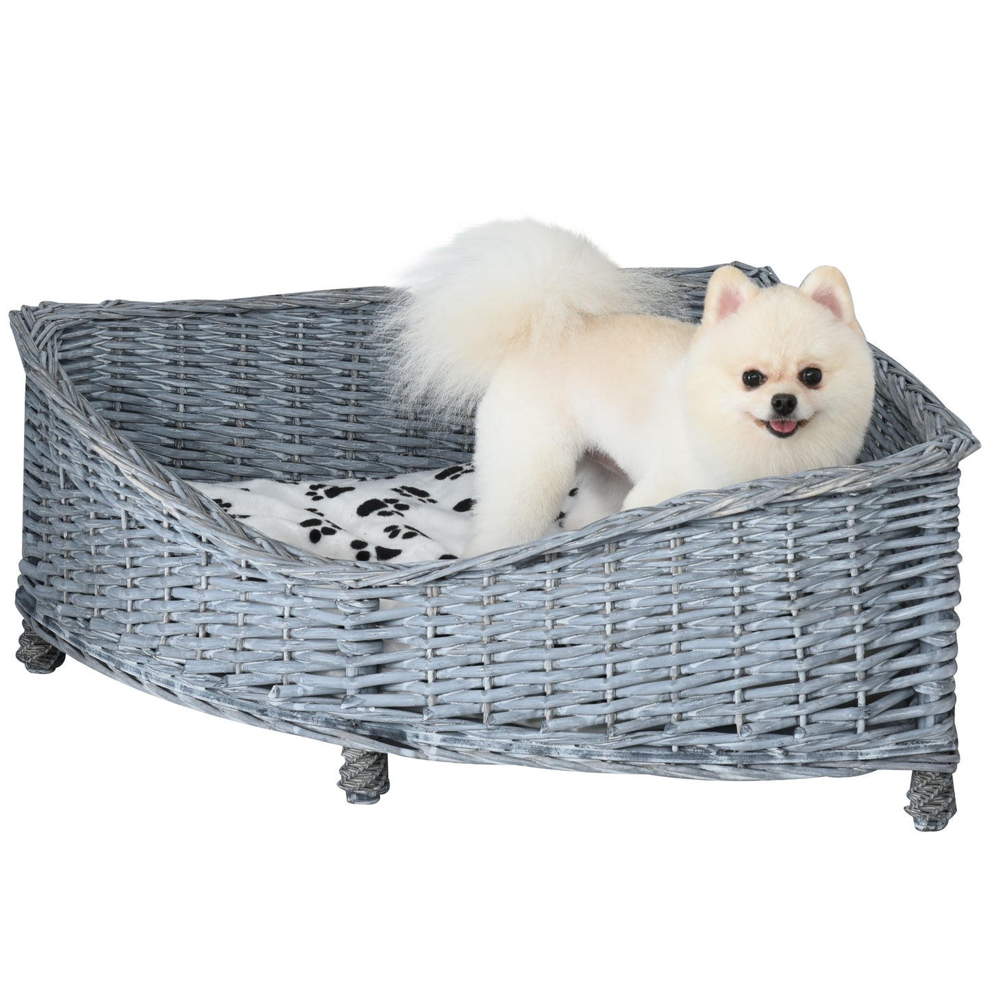 PawHut Wicker Dog Corner Basket Pet Bed Sofa Couch w/ Soft Plush Cushion Elevated Base