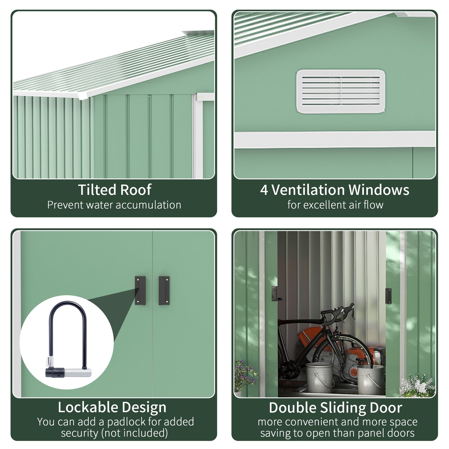 Outsunny 7 x 4ft Garden Metal Storage Shed Outdoor Storage Hose with Ventilation Slots Floor Foundation and Lockable Double Doors Light Green