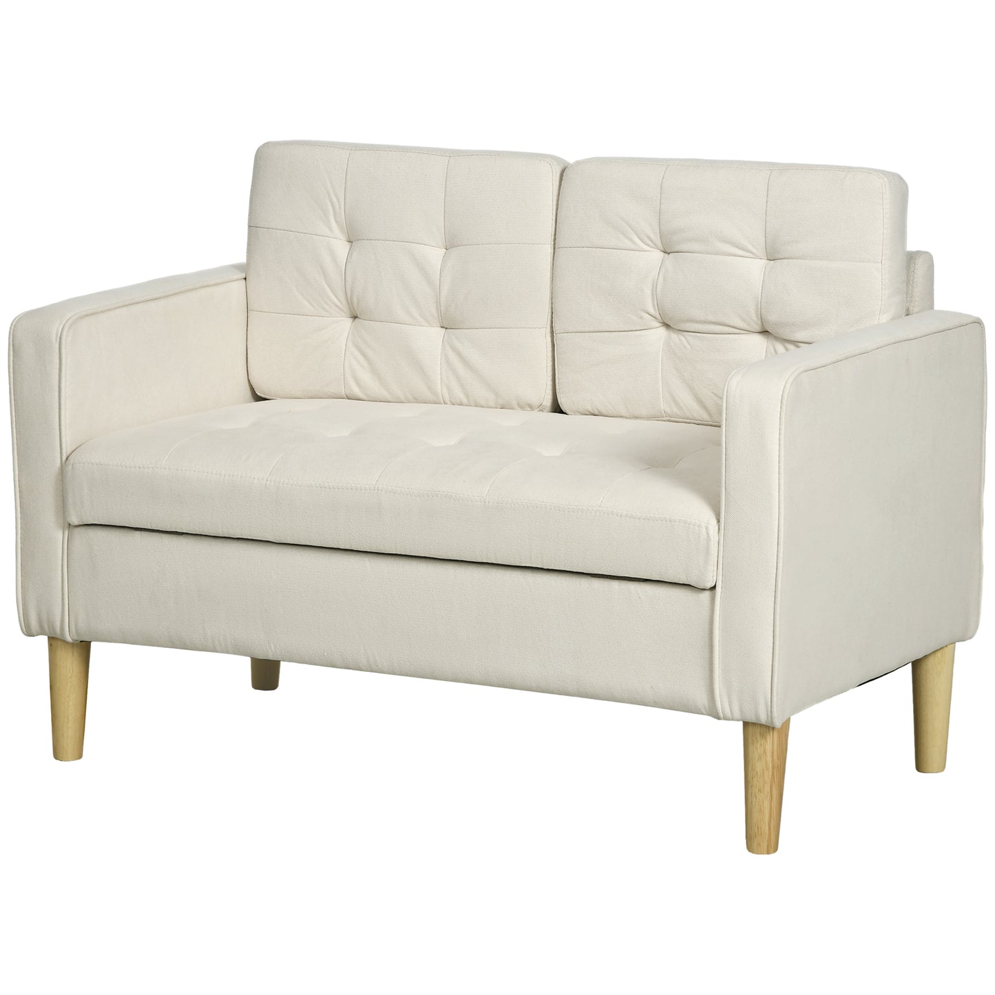 HOMCOM Modern Loveseat Sofa Compact 2 Seater Sofa with Hidden Storage 117cm Tufted Cotton Couch with Wood Legs Cream White