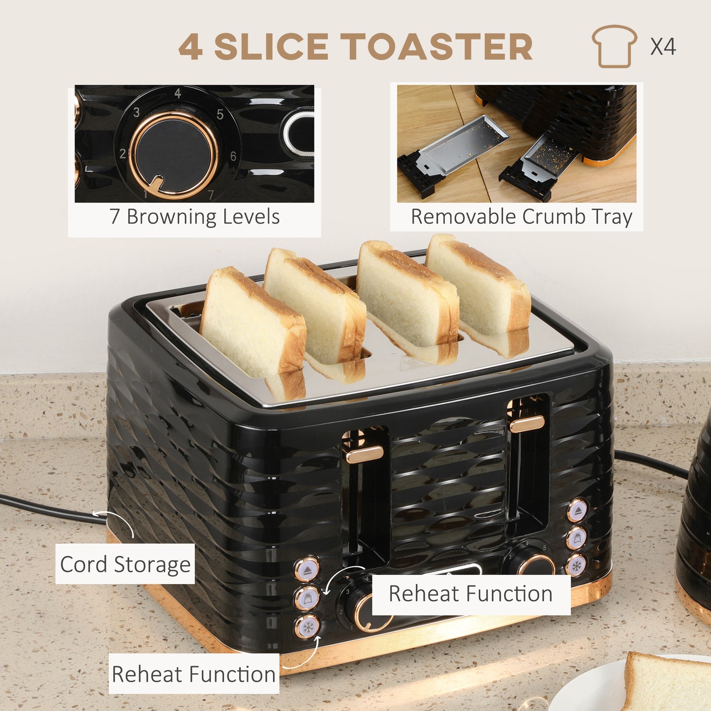 HOMCOM Kettle and Toaster Sets, 1600W 1.7L Rapid Boil Kettle & 4 Slice Toaster with 7 Browning Controls, Defrost, Reheat and Crumb Tray, Otter thermostat, Black