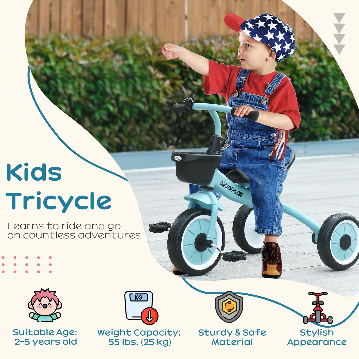 AIYAPLAY Kids Trike Tricycle with Adjustable Seat Basket Bell for Ages 25 Years Blue