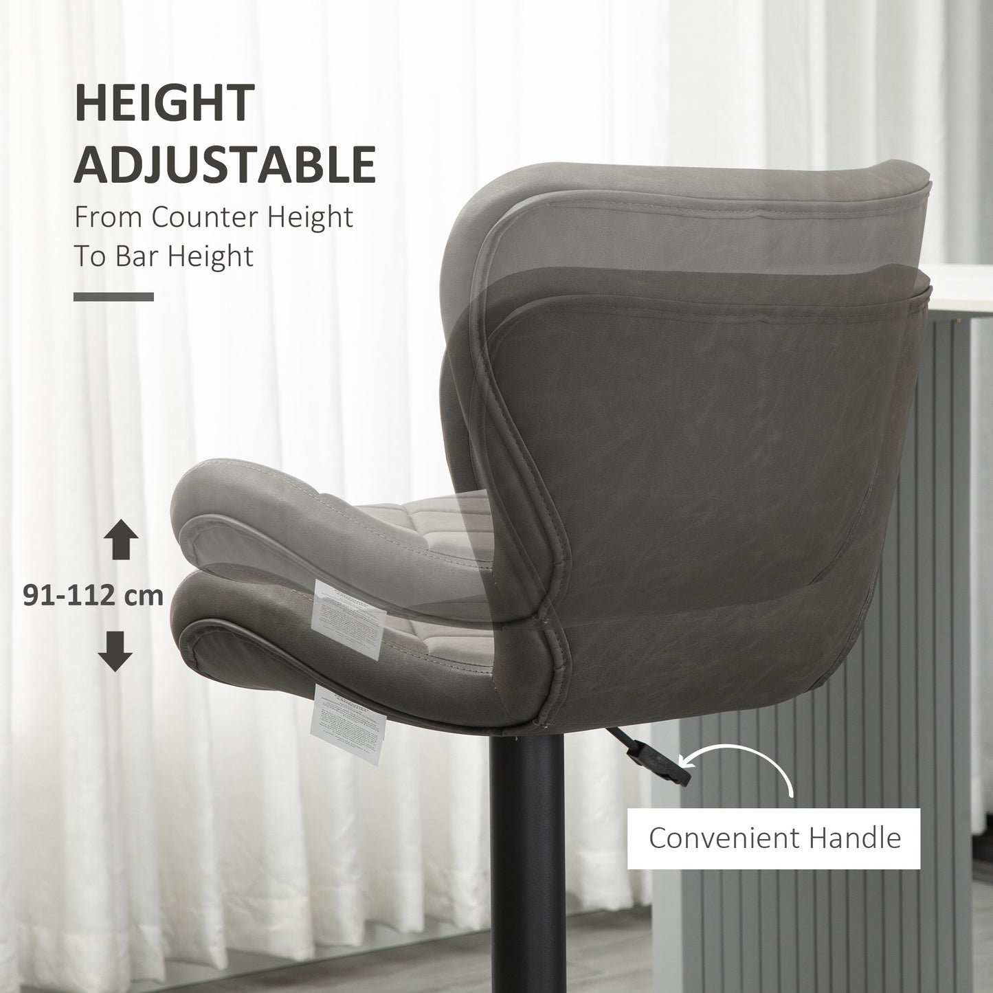 HOMCOM Adjustable Height Bar Stools Set of 2, Swivel Barstools with Backrest and Footrest, Steel Frame Diamond Pattern PU, for Kitchen Counter Dining Room, Dark Grey