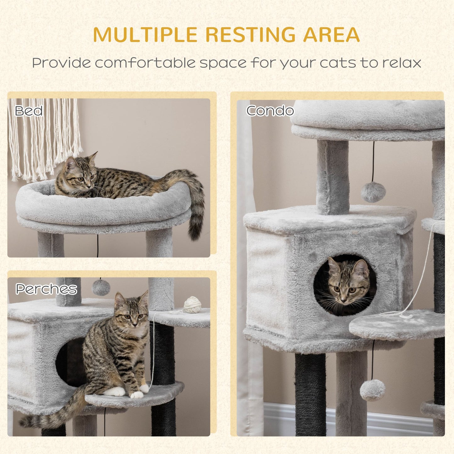 PawHut Cat Tree, Cat Tower for Indoor Cats with Sisal Scratching Post, Ramp, Kitten Bed, Condo, Ball Toy, Light Grey, 55x55x94 cm