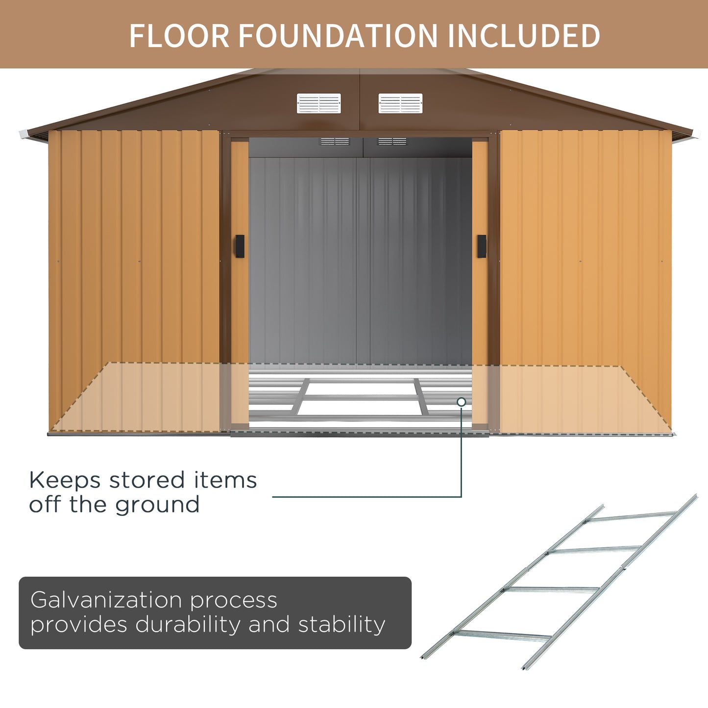 Outsunny 12.5 x 11.1ft Steel Sliding Door Storage Shed - Brown