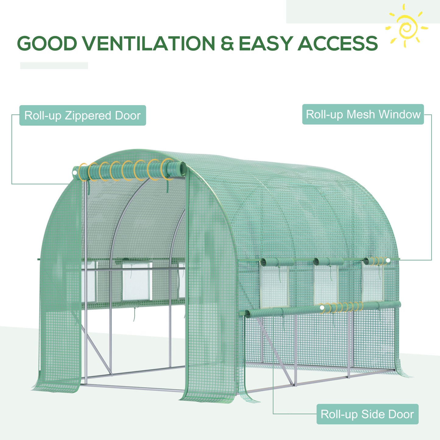 Outsunny Walk In Greenhouse Garden Polytunnel with PE Cover Zipped Roll Up Door and 6 Mesh Windows 3x2x2m Green