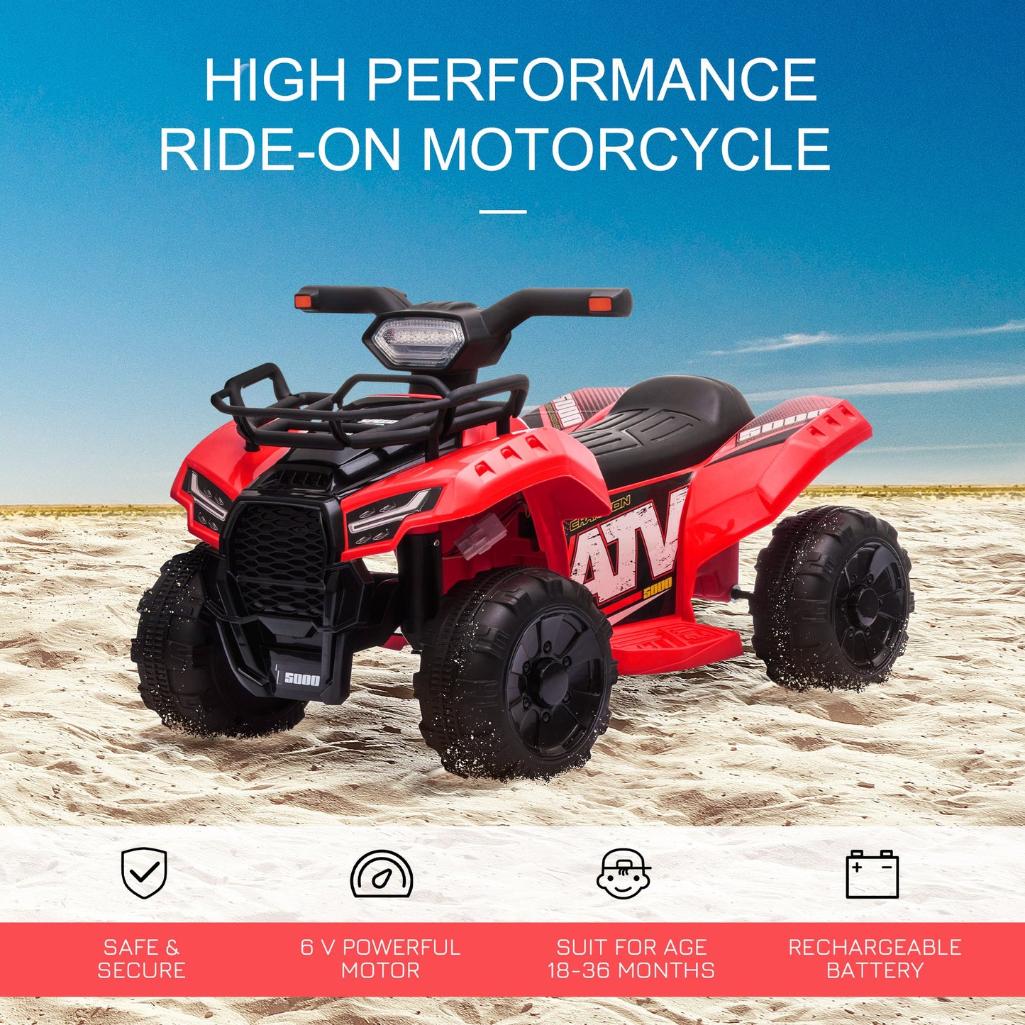 HOMCOM Kids Ride-on Four Wheeler ATV Car with Real Working Headlights, 6V Battery Powered Motorcycle for 18-36 Months, Red