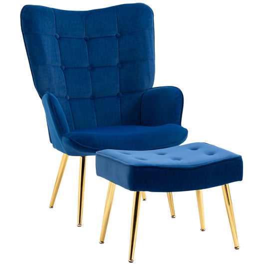 HOMCOM Upholstered Armchair with Footstool Set, Modern Button Tufted Accent Chair with Gold Tone Steel Legs, Wingback Chair for Living Room, Bedroom, Home Study, Dark Blue