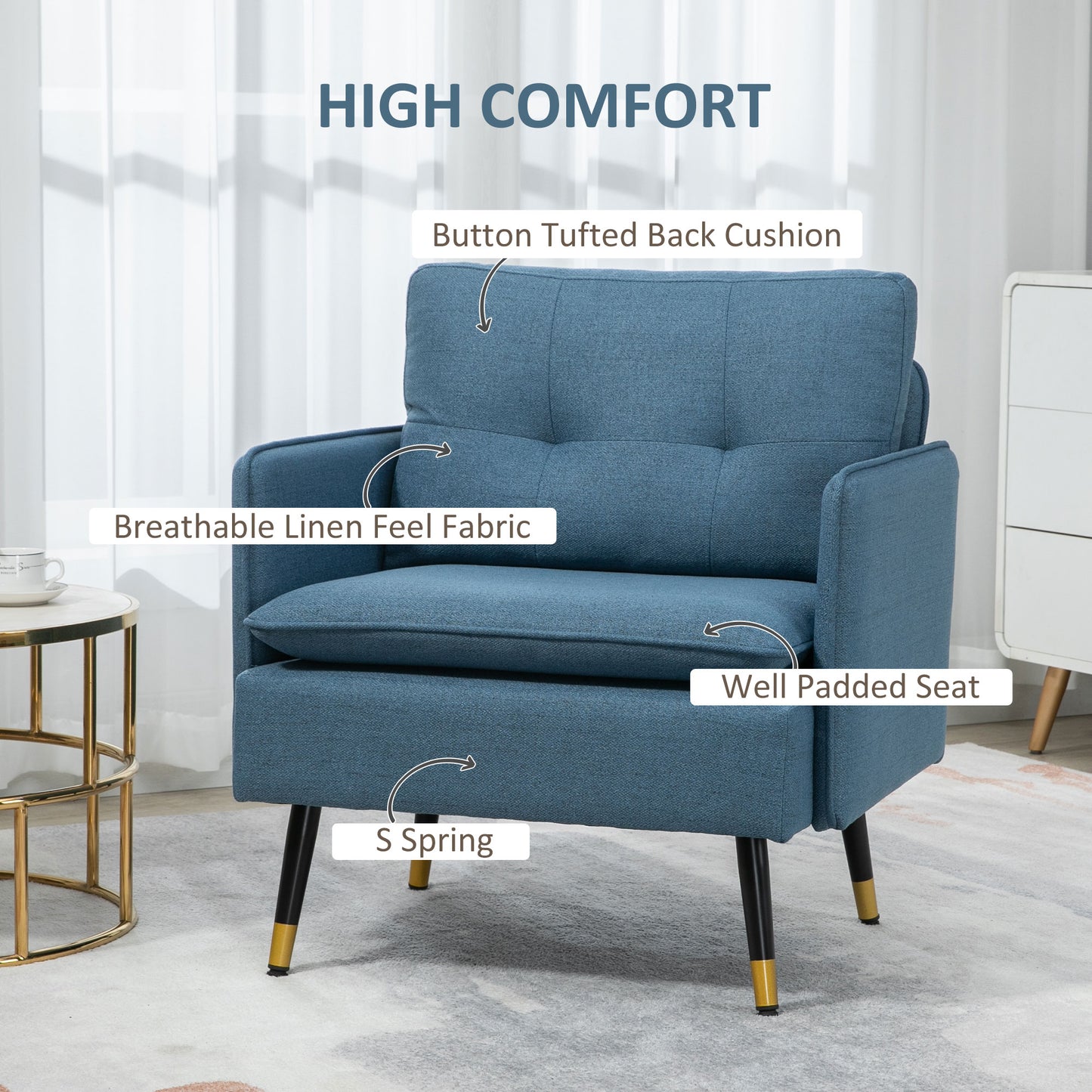 HOMCOM Modern Armchairs with Steel Legs, Upholstered Button Tufted Accent Chairs for Living Room and Bedroom, Dark Blue