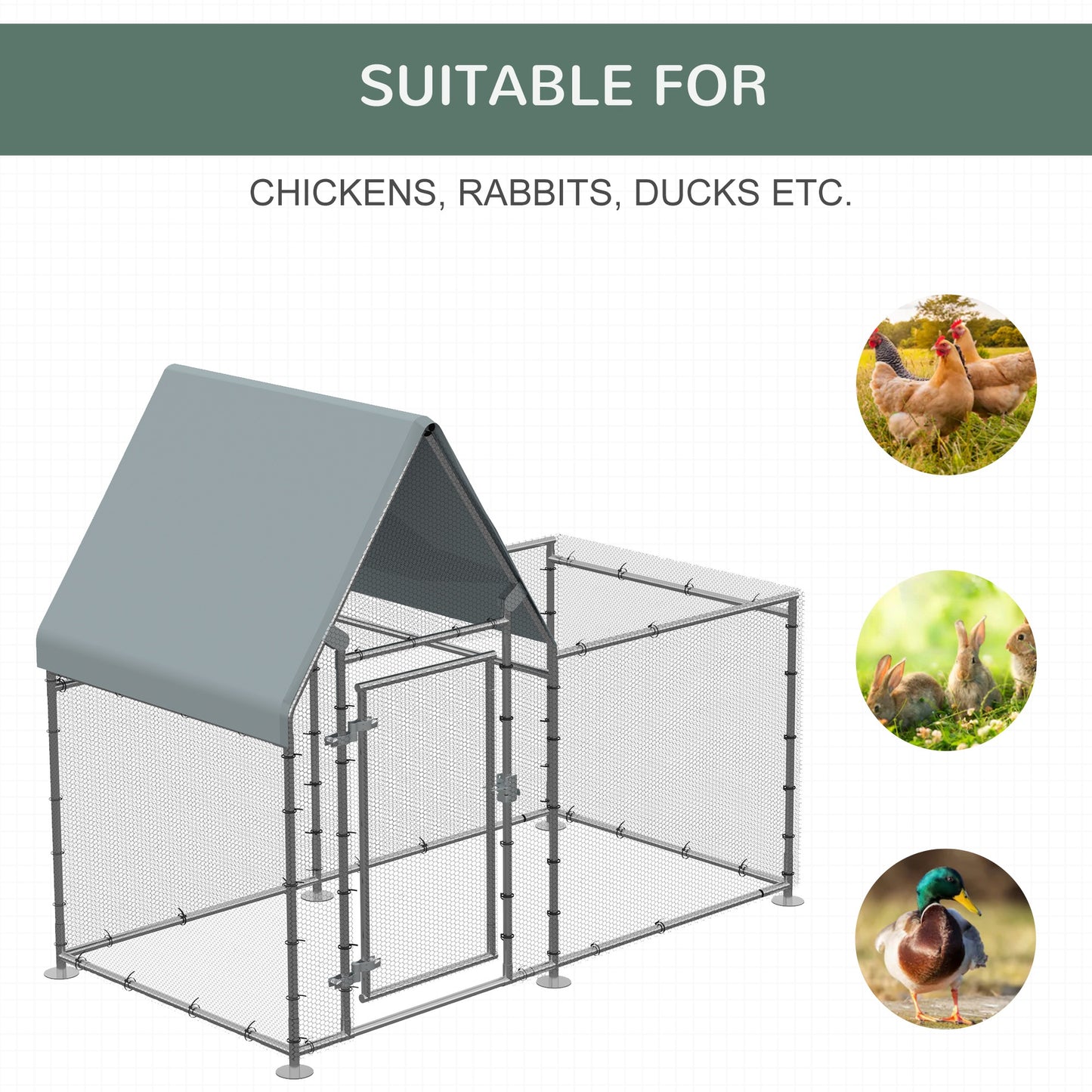 PawHut Walk In Chicken Run, Large Galvanized Chicken Coop, Hen Poultry House Cage, Rabbit Hutch Metal Enclosure with Water-Resist Cover for Outdoor Backyard Farm, 200 x 105 x 172cm Cover, 2 1 1.7m