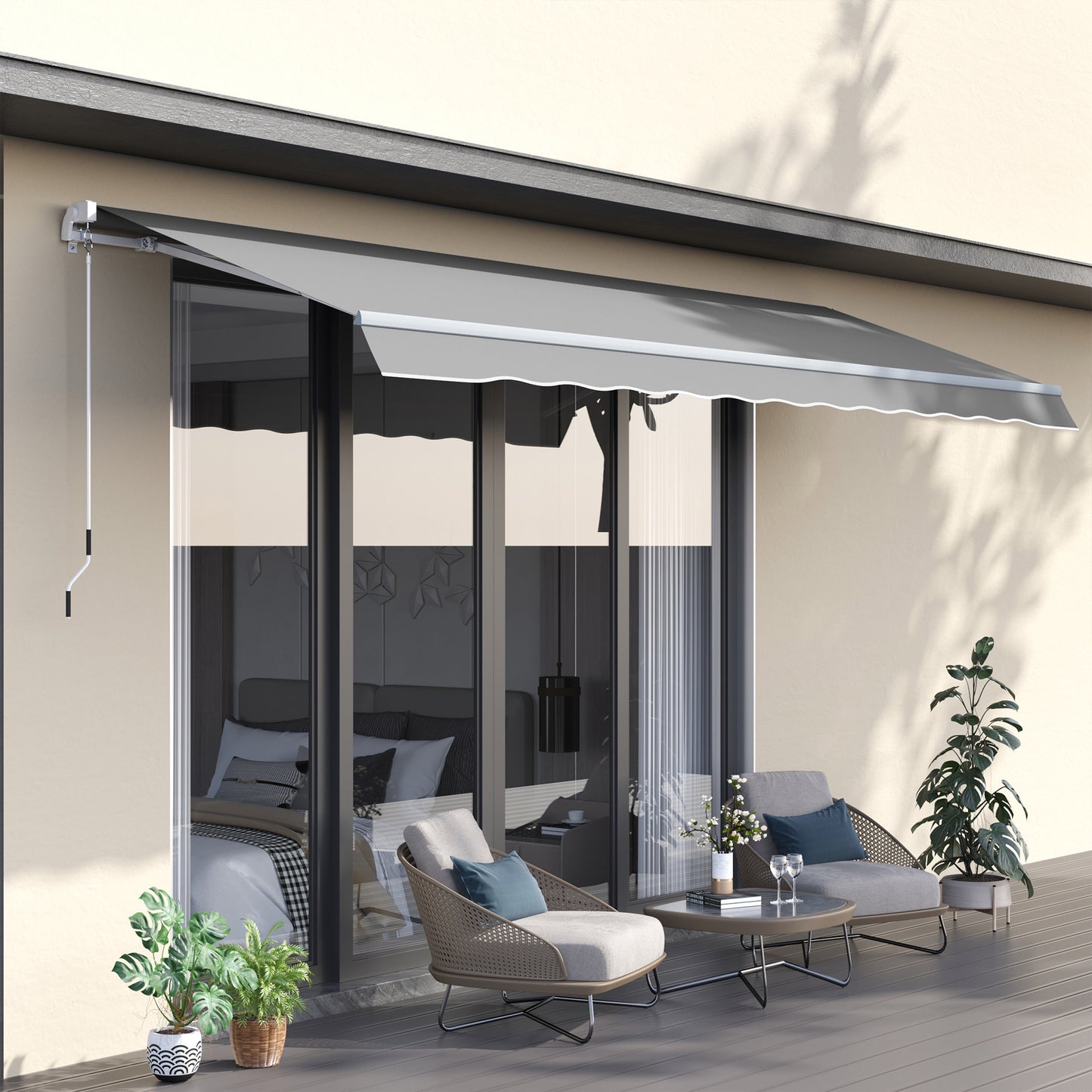 Outsunny Window Awning Canopy Garden Outdoor Shelter Patio Sun Shade UV Blocker Light Weight Aluminium Frame w/ Hand Crank 3 x 2m Light Grey