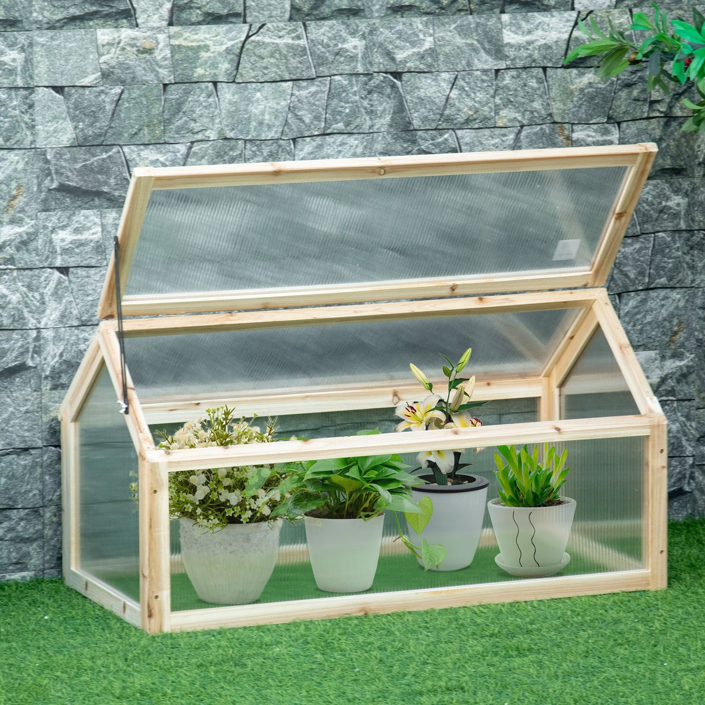 Outsunny Wooden Cold Frame Greenhouse Garden Polycarbonate Grow House with Openable Top for Flowers, Vegetables, Plants, 90 x 52 x 50cm, Natural
